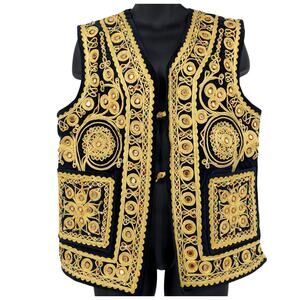 Vintage Ornate Afghan Hippie Vest Black Velvet Gold Embroidery Beads & Mirrors